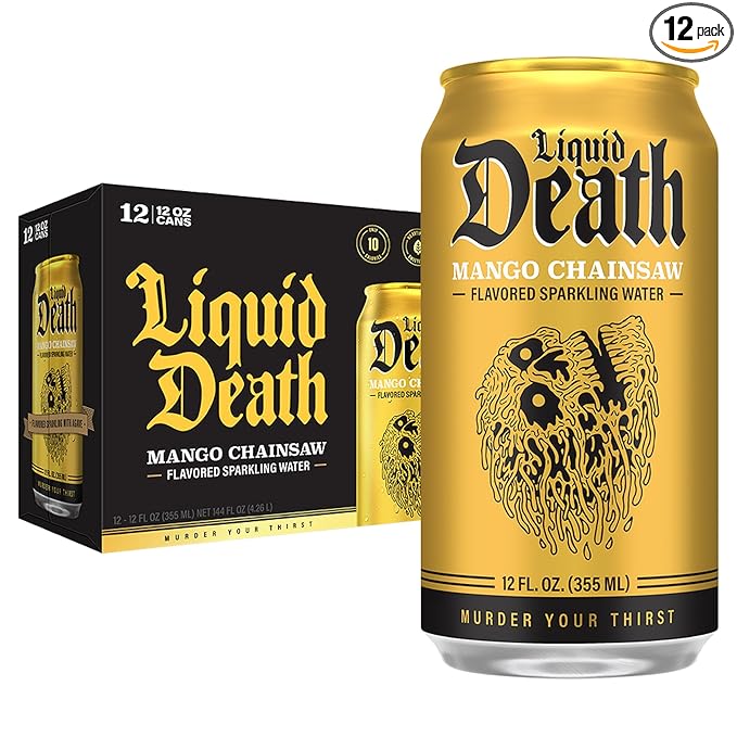 Liquid Death, Mango Chainsaw, Soda-Flavored Sparkling Water, 12-Pack (12oz Cans), Low Sugar, Huge Flavor & No Artificial Sweeteners