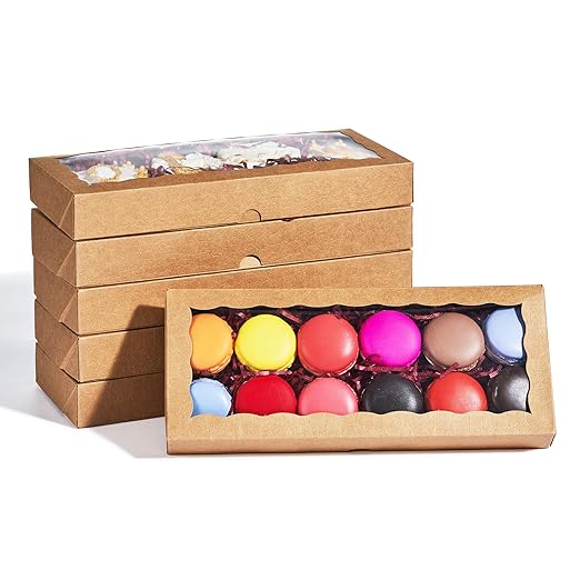 24PCS 12 x 5 x 1.5 inches Auto-Popup One Piece Premium Cookies Boxes, Kraft Brown Macaron Boxes Packaing, Bakery Box for Holiday Cookie Gift Sets