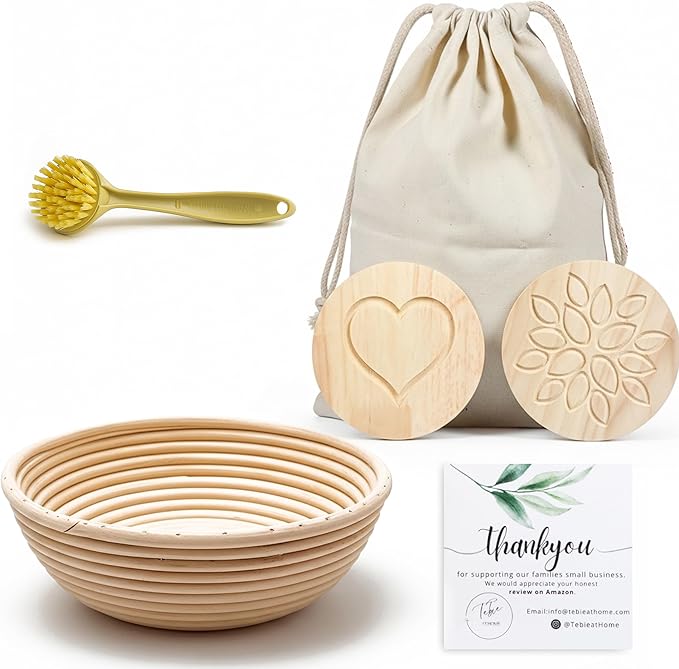 Sourdough Bread Proofing Basket Set - 9 Inch Round Banneton Bread Proofing Basket with 2 Wooden Stamps, Brush & Storage Bag - Sourdough Kit With Wooden Design