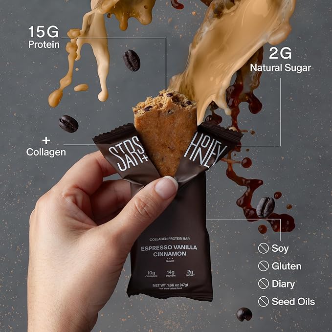 Stars + Honey Protein Bars- Espresso Vanilla Cinnamon,15g Protein, 2g Sugar, w/Collagen Keto Friendly Snack - Gluten, Dairy, & Soy Free - High-Protein Snacks for Energy & Recovery-10 pack