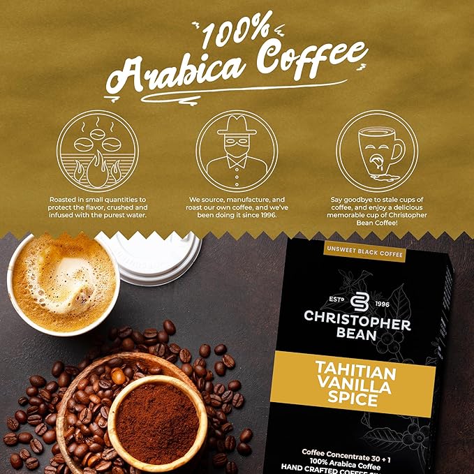 Christopher Bean Coffee - 396 servings, 30 to 1 Blend Bag in Box Liquid Instant Coffee or Cold Brew Coffee Concentrate - Hot or Iced Coffee - Tahitian Vanilla Spice