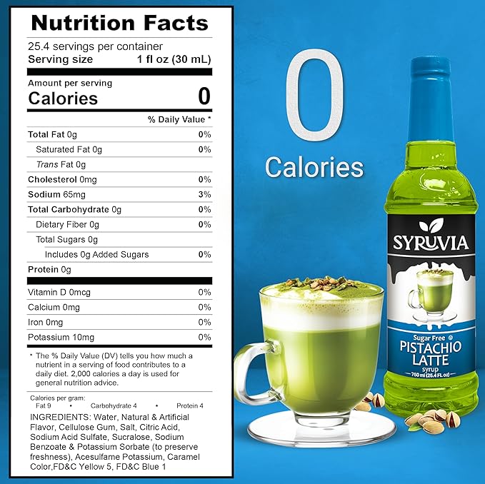 Syruvia Sugar Free Coffee Syrup, Pistachio Latte Flavored Syrup for Drinks, Lattes, and Desserts – 25.4 fl oz, With Pump