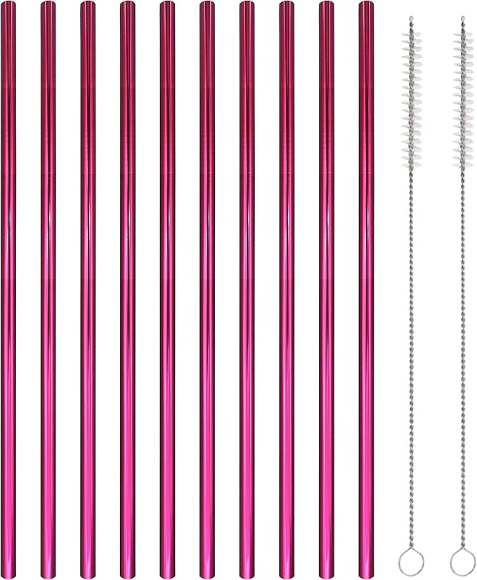 10 Pcs Stainless Steel Straws, Reusable Drinking Straws, Straight Metal Straw Sets with 2 Pcs Cleaning Brushes (8.5 Inch, Rose Red)