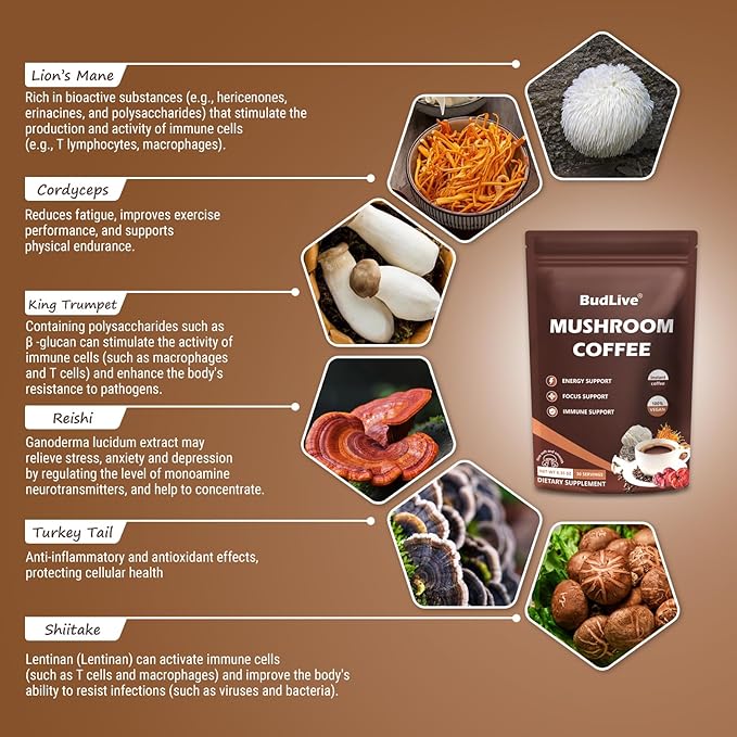 Organic Mushroom Coffee with Lion's Mane, Reishi & Cordyceps – 6 Mushroom Adaptogen Blend for Focus, Energy, Digestion & Immune Support, Low Acid Instant Coffee Powder, 30 Servings