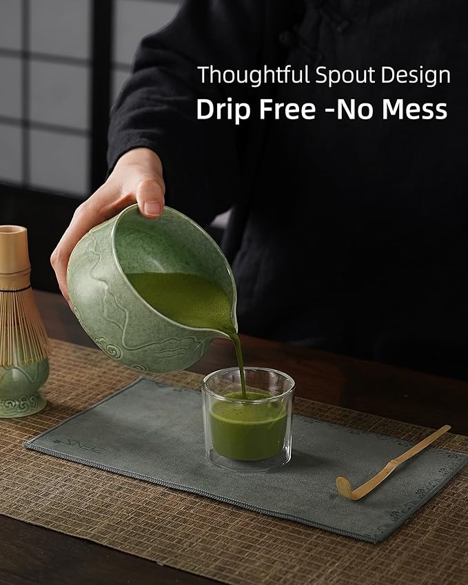 ZENS Matcha Whisk Set, 15oz Ceramic Matcha Bowl with Spout and Bamboo Whisk, (Chasen Holder) Scoop & Tea Towel, 5pcs Matcha Kit for Matcha Ceremony, Emerald Green