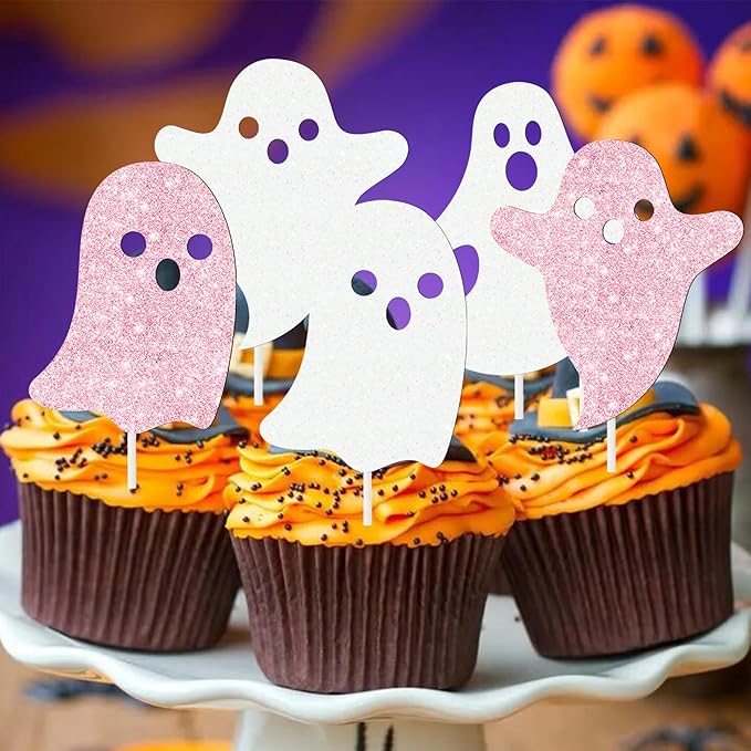 Halloween Ghost Cupcake Decoration 24Pcs Ghost Cupcake Toppers Double Sided Glitter White Pink Halloween Birthday Baby Shower Supplies for Ghost Boo Theme Party Cake Decor