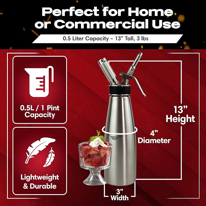 Chef Master (1 Pint / 0.5 Liter) Stainless Steel Whipped Cream Dispenser - Decorating Tips for Desserts, Latte + Cleaning Brush - Whip Cream Dispenser Canister for Home, Bakery or Restaurant - 90078