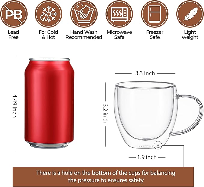 CNGLASS Double Wall Glass Coffee Mugs with Handle,8.5oz Clear Insulated Glass Espresso Cups for Hot and Cold Beverages,Latte,Cappuccino,Set of 2