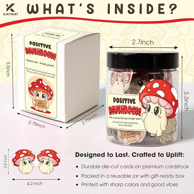 Mushroom Gifts for Women - 60 Positive Mushroom Jar, Daily Affirmation Cards For Womens, Girls - Emotional Support Mushroom - Birthday Gift for Women, Coworkers, Besties - Teen Girl Gifts Trendy