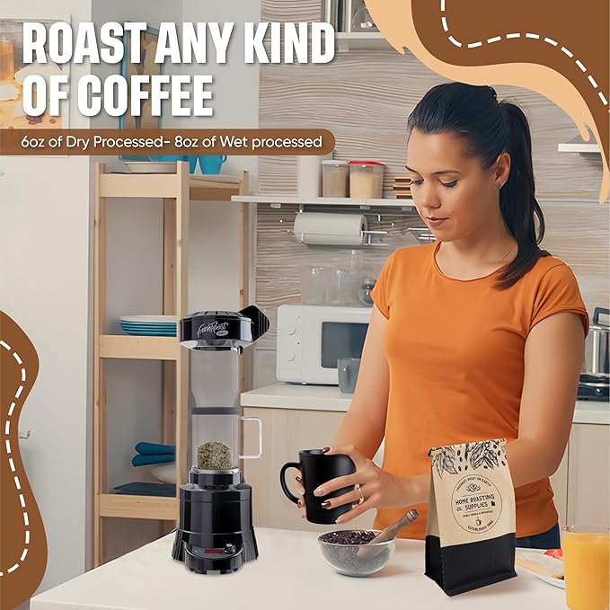 Fresh Roast Coffee Roaster Bundle SR800, Glass Extension Tube, Burr Grinder, (2 Lbs) Sample Pack of Green Beans, (2- pack) Sample trays