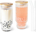 11 oz Drinking Glasses Cups Set of 2 with Bamboo Lids Straws Brush Vintage Small Glassware Set for Mojito Iced Coffee Cocktail Whiskey(Ribbed & Hobnail)