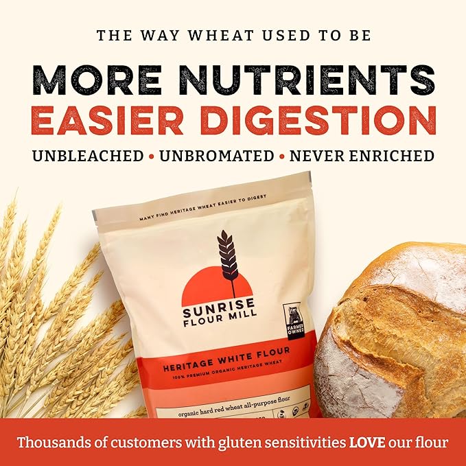 Sunrise Flour Mill Heritage Organic White Flour | USDA Organic All Purpose Flour Unbleached - Non-GMO, Kosher, Glyphosate Free, High Protein for Baking, Unbromated White Wheat (2 Pounds (Pack of 1))