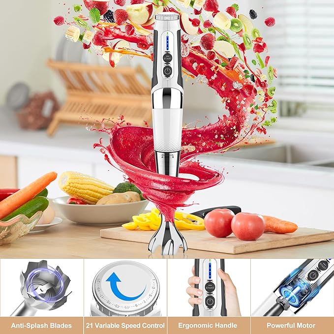 Cordless Immersion Blender Handheld: Powerful Rechargeable Electric Hand Blender, 21-Speed & 3-Angle Adjustable with Stainless Steel Blades for Milkshakes, Smoothies, Soup, Puree, Baby Food (White)