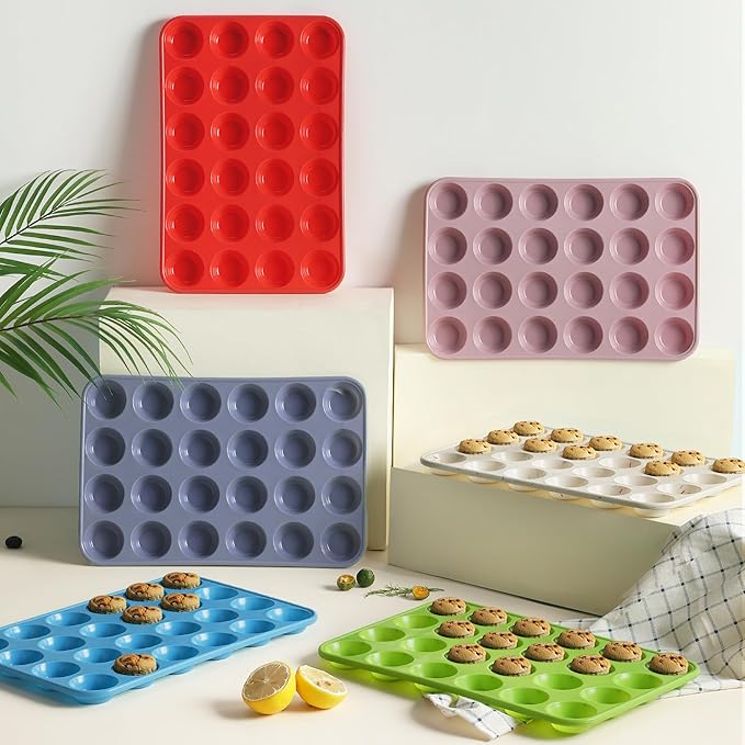2 Pack 24 Cups Silicone Mini Muffin Pan with Metal Reinforced Frame Silicone Molds Cupcake Cake Baking Cheesecake Pans Cookie Baking Chocoflan Cupcake Mold Mini Bundt Cake Pan Women Gift