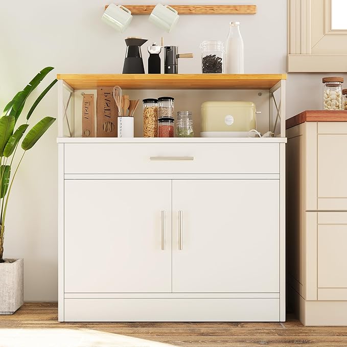 Vongrasig Sideboard Buffet Cabinet with Storage, 32” Modern Kitchen Storage Cabinet with Open Storage, Adjustable Shelf, Wood Farmhouse Coffee Bar Buffet Table for Kitchen, Dining Room, White