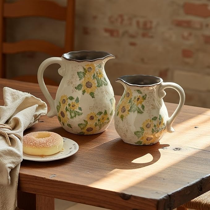 Vintage Vase with Handle, 6 Inch Ceramic Pitcher Sunflower Floral Vase, Rustic Farmhouse Vases for Grandma Core Home Decor, Bookshelf Office Tuscan Decor (Small Teapot)