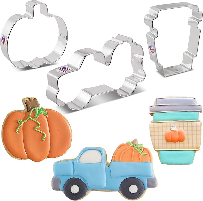Ann Clark Cookie Cutters Fall Pumpkin Spice Cookie Cutters 3-Pc Set Made in the USA, Pumpkin, Harvest Truck with Pumpkin, Latte Cup
