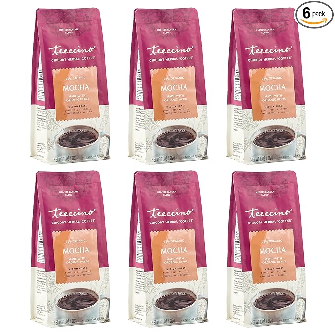 Teeccino Mocha Chicory Coffee Alternative - Ground Herbal Coffee That’s Prebiotic, Caffeine-Free & Acid Free, Medium Roast, 11 Ounce (Pack of 6)