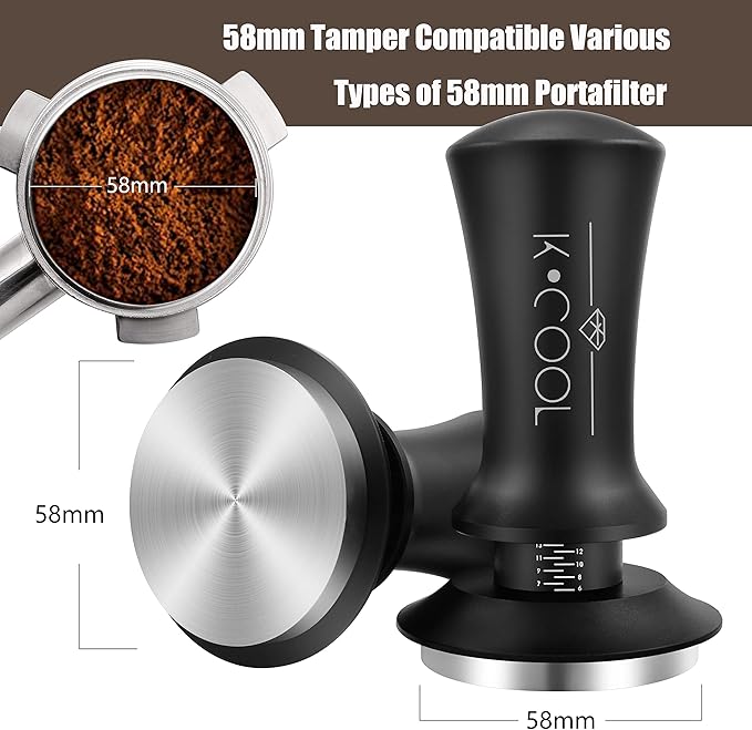 K COOL 58mm Espresso Tamper, Premium Barista Tools Coffee Tamper with Spring Loaded, Stainless Steel Base Tamper Compatible with Espresso Machine Rancilio, Gaggia Bottomless Portafilter (58mm, Black)