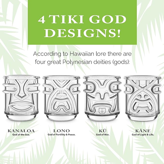 Final Touch Tiki Glasses Set of 4 - Kanaloa, Lono, Kū, Kāne Designs, 12 oz (355 ml), Clear, Stackable Totem Pole Storage, Durable Glassware for Tropical Cocktails (TK5303)
