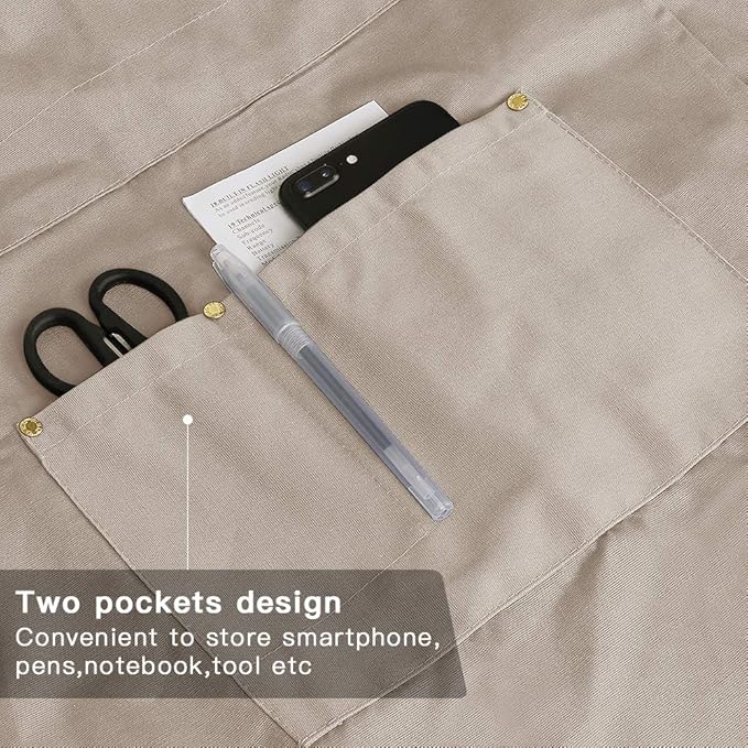 Mignongirl Crossback Apron with Pockets x2,Split Apron with Adjustable Straps,M-XXL (Beige)