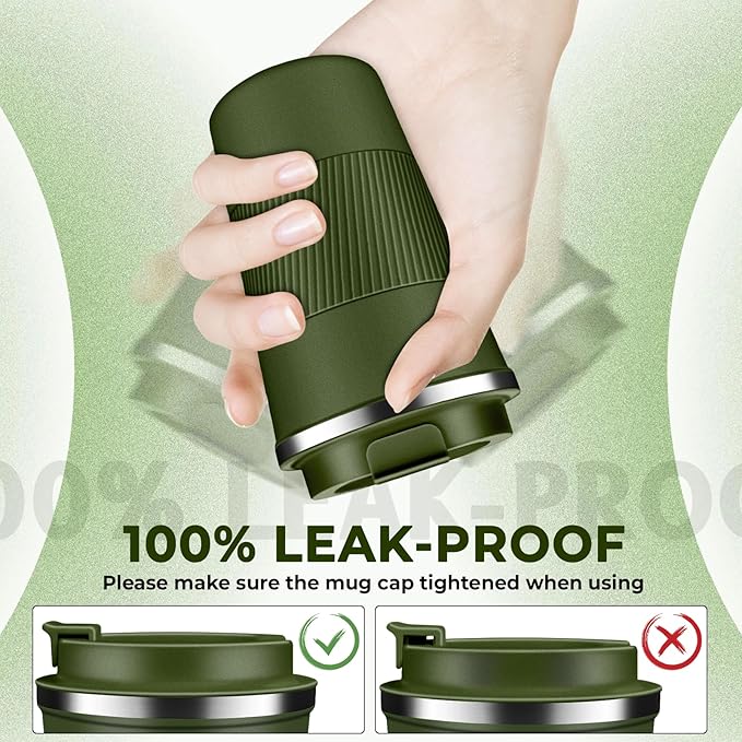 Insulated Coffee Tumbler 17 oz, Stainless Steel Coffee Mug with Lids, Travel Coffee Mug Leak Proof, Double Wall Vacuum Insulated Reusable Coffee Cup, Keep Drinks Hot and Cold, Military Green, 17 Ounce