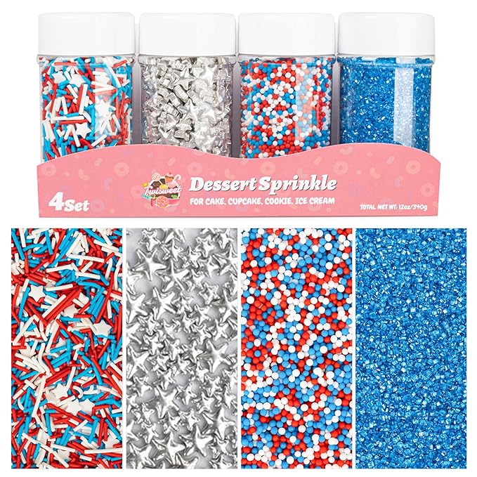 Twisweet Edible Patriotic Sprinkles 12oz, Red White and Blue Sugar Sprinkles Silver Star Mix, 4th of July American Sprinkle, Team USA Memorial Day Confetti, Cupcake Topper Cookie Ice Cream Cake Decorations, Independence Day Birthday Festival Party Supp...