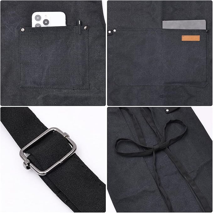 Chef Cooking Aprons for Men Women Thickened Canvas Cotton Apron with 4 Pockets for BBQ Work Kitchen (Black)