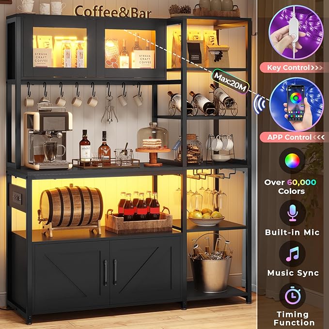 Itaar Bakers Rack with Power Outlet and LED Light, 45.3 Inch Farmhouse Coffee Bar Cabinet, Kitchen Microwave Stand with Storage, Glass Cabinet, Goblet Holder and 8 Hooks, Black