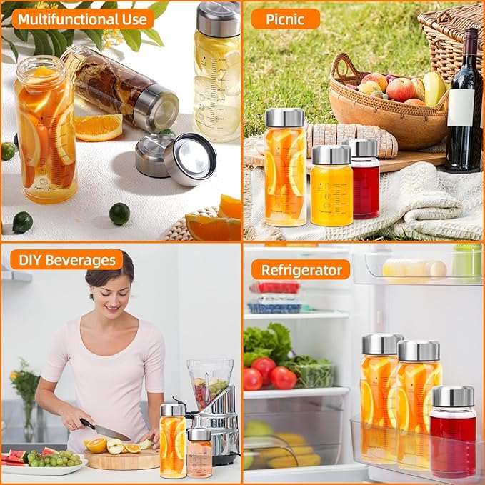 Glass Juice Bottles 20 oz - Wide Mouth Glass Water Bottles with Lids and Sleeve- for Juicing, Smoothies, Milk, Protein, Reusable, Stainless Steel Lids, Leak Proof, Shaker bottle (20oz/600ml)