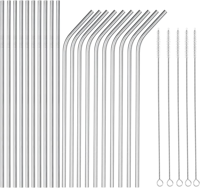 wholesale 25 Piece Set Stainless Steel Straws Long 8.5 Inch Drinking Metal Straws Reusable Drinking Straws for 20 OZ (10 Straight | 10 Bent | 5 Brushes)