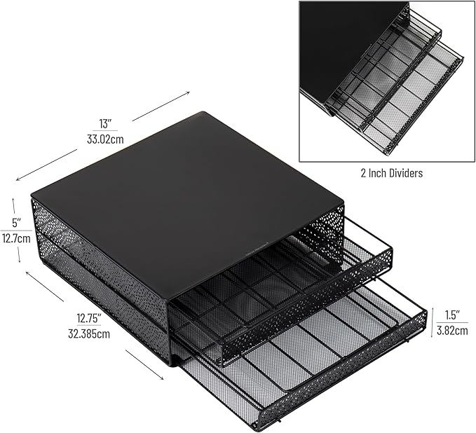 Mind Reader Single Serve Coffee Pod Organizer with 2 Drawers, 72 Pod Capacity, Metal Mesh, 13"L x 12.75"W x 5"H, Black