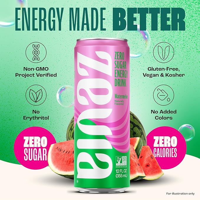 Zevia Zero Sugar Energy Drink, Watermelon, 12 oz Cans (12-Pack) – Naturally Sweetened, Non-GMO Project Verified, Gluten-Free, Vegan