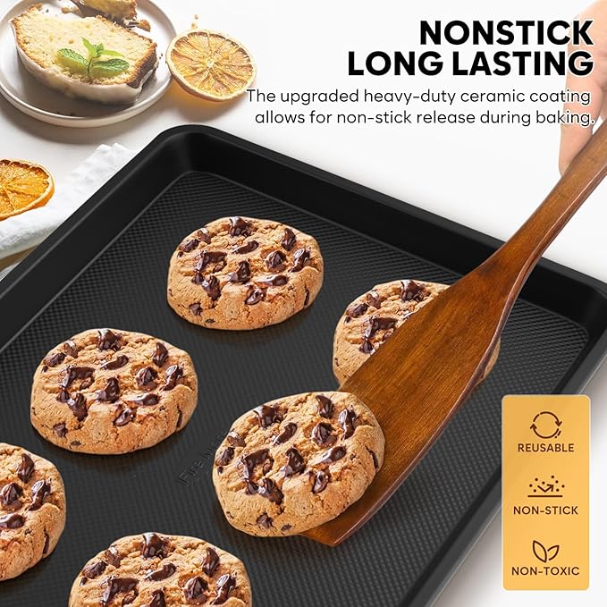 Baking Sheet Pan Set of 3, Thicker Carbon Steel Cookie Sheets for Baking Non Stick with Diamond Texture Pattern, Ceramic Half/Quarter/Jelly Roll Baking Trays for Oven