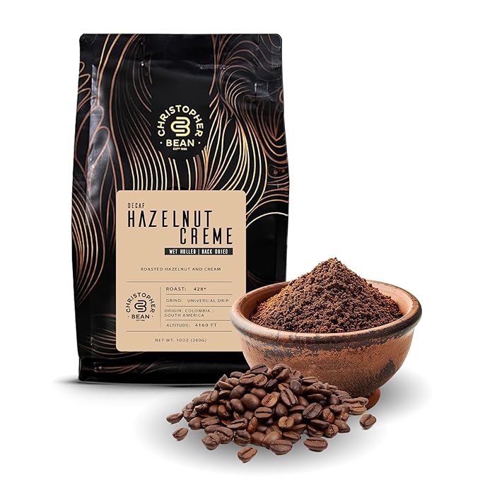 Christopher Bean Coffee - Certified Kosher - Decaf Ground Universial Drip Hazelnut Crème Flavored Coffee| Coffee Beans with Medium Roast 100% Arabica, No Sugar, No Fats, Non-Gmo | 10-Ounce Bag