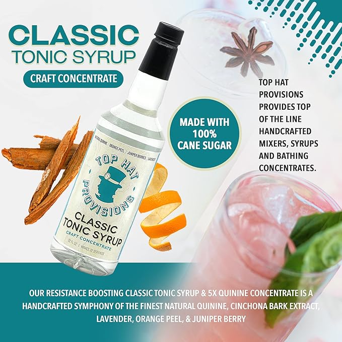 Top Hat Classic Tonic Syrup – 5x Quinine Tonic Water Concentrate – Make Tonic Water at Home – Just add Seltzer Water - 32oz bottle