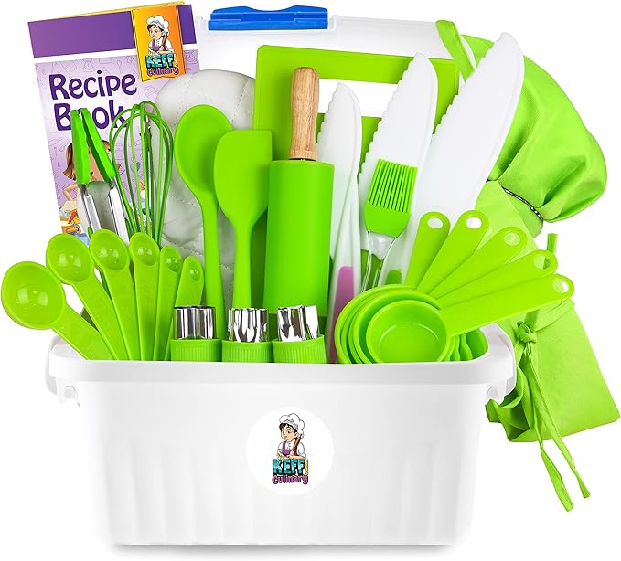 KEFF Kids Kitchen Set for Cooking & Baking with Recpie Book - Kids Knife Set for Real Cooking, Montessori Kitchen Tools for Toddlers - Real Utensils with Cutting Board and Knifes BPA-Free
