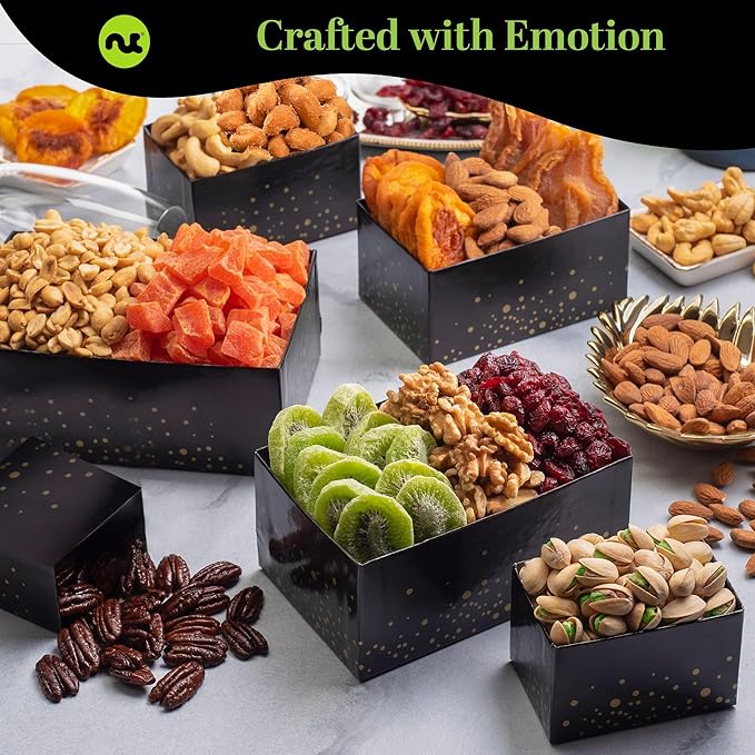 NUT CRAVINGS Gourmet Collection - Sympathy Condolence, Nuts & Dried Fruits Tower Gift Basket, with Sympathy Ribbon + Greeting Card (12 Assortments) Food Arrangement, Healthy Snack, Food Assortments