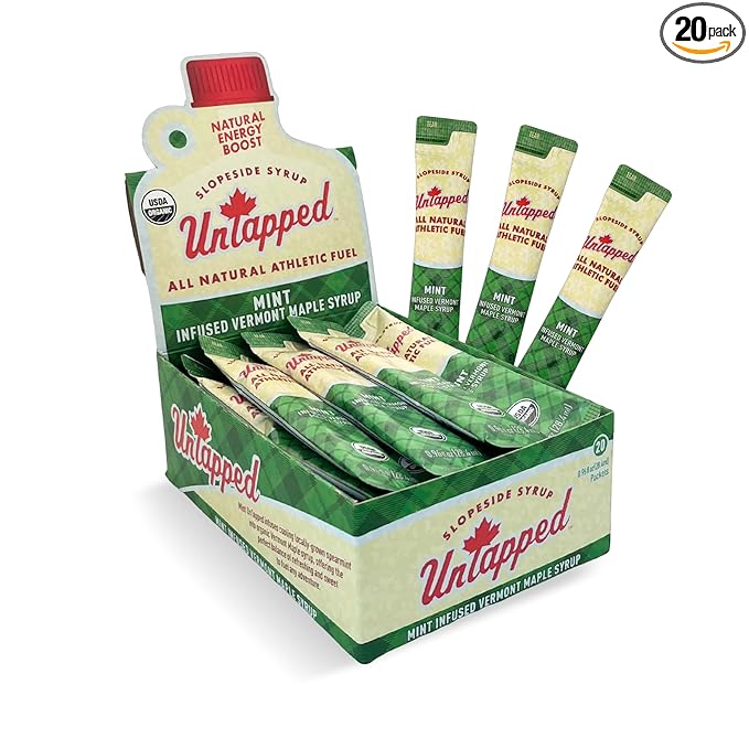 UnTapped Mint Maple Syrup Energy Gels 20 Gels | Organic Pure Vermont Maple Syrup with Real Mint | Gluten-Free, Low Glycemic | Natural Fuel for Running, Cycling & Endurance