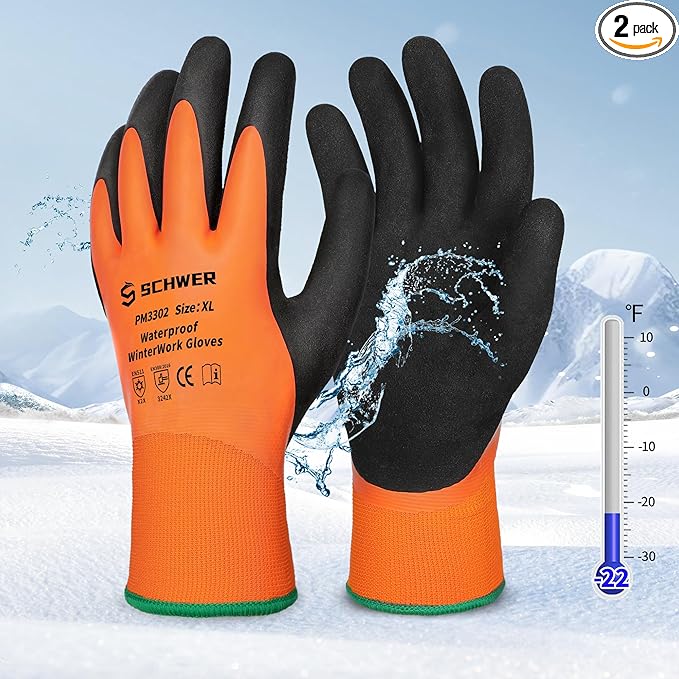 Schwer 2 Pairs FreezeGuard Winter Work Gloves, ANSI A2 Cut Resistant Freezer Gloves for Outdoor Cold Weather Keep Hands Warm, Waterproof Gloves for Shoveling Snow, Ice Fishing, XL