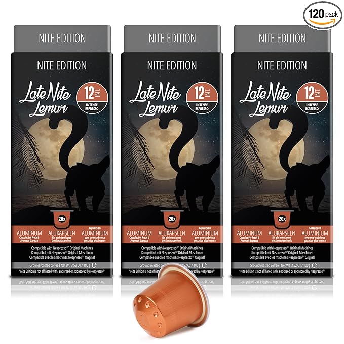 Late Nite Lemur 120ct for Nespresso Original Machine Compatible Pods I Intensity 12 I Aluminum Coffee Capsules I Like Palermo Kazaar Espresso I 100% Arabica Beans with High Intensity