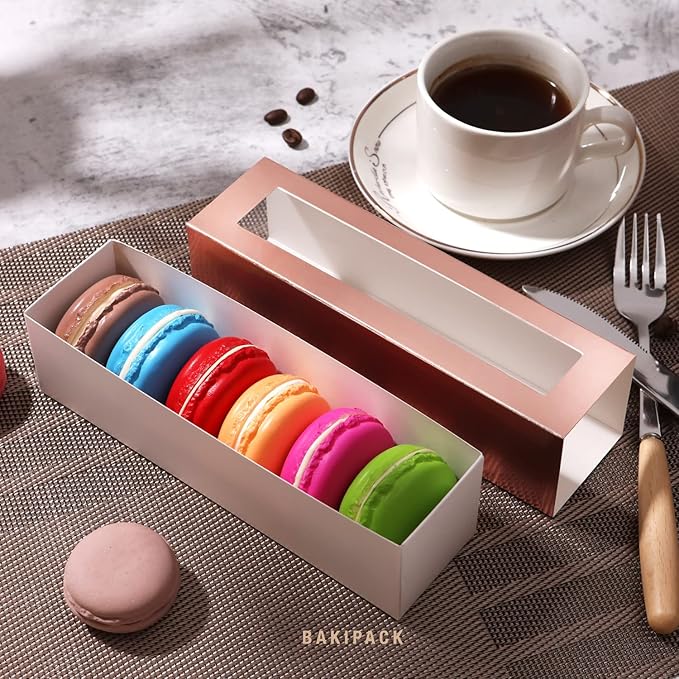 25 Rose Gold Macaron Boxes with Clear Window, Elegant Style, Holds 6 Macarons, 7.4" x 2" x 2"