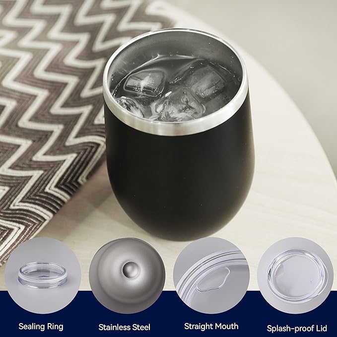 DOMICARE Stainless Steel Wine Tumbler Bulk with Lid, Personalized Insulated Tumblers Set, 12oz Travel Coffee Cups Pack of 4, Black