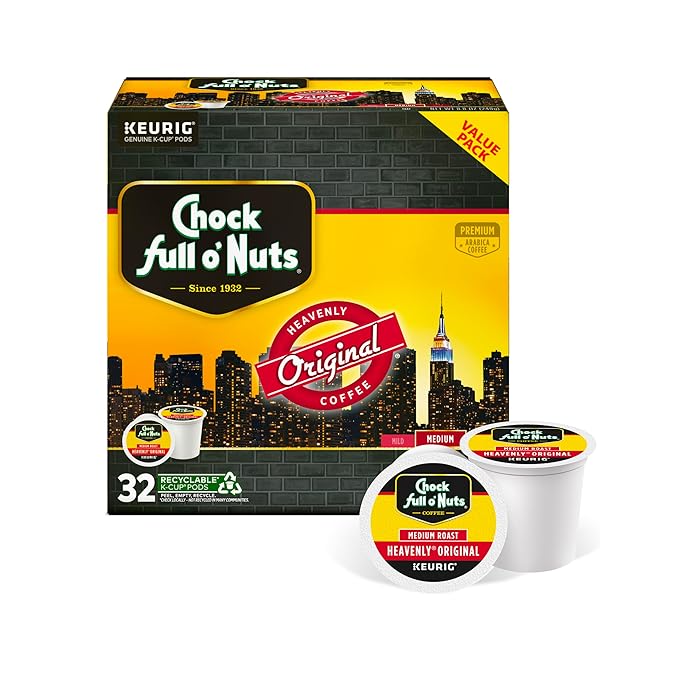 Chock full o’Nuts Heavenly Original Keurig K-Cup Pods for Keurig Brewers – Premium Arabica, Medium Roast – Single Serve – 1 Pack of 32 K-Cup Pods