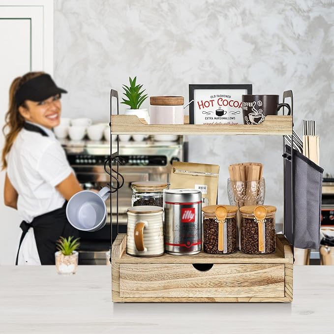 Coffee Station Organizer for Counter, Condiment Storage Caddy for Kitchen with Hooks and Bag,2 Tier Wooden Shelf for Coffee Bar Accessories,Coffee Bar Organizer for Kitchen, Home, Office-Brown