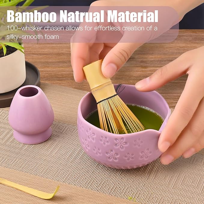 Matcha Whisk Set - Traditional Japanese Handmade Bamboo Matcha Whisk and Holder, Matcha Bowl,Bamboo Scoop, Scoop Rest, Sifter and Tea Towel (Purple)