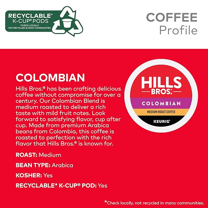 Hills Bros. Colombian Blend Keurig K-Cup Pods for Keurig Brewers – Medium Roast Premium Arabica Blend, Kosher – 2 Pack of 12 Single Serve Pods