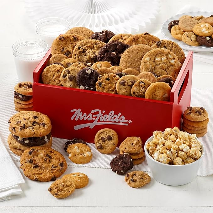 Mrs. Fields Deluxe Signature Combo Crate - Assorted with 15 Original Cookies, 60 Nibblers Bite-Sized Cookies, and 4 oz. Toffee Nut Popcorn (76 Count)