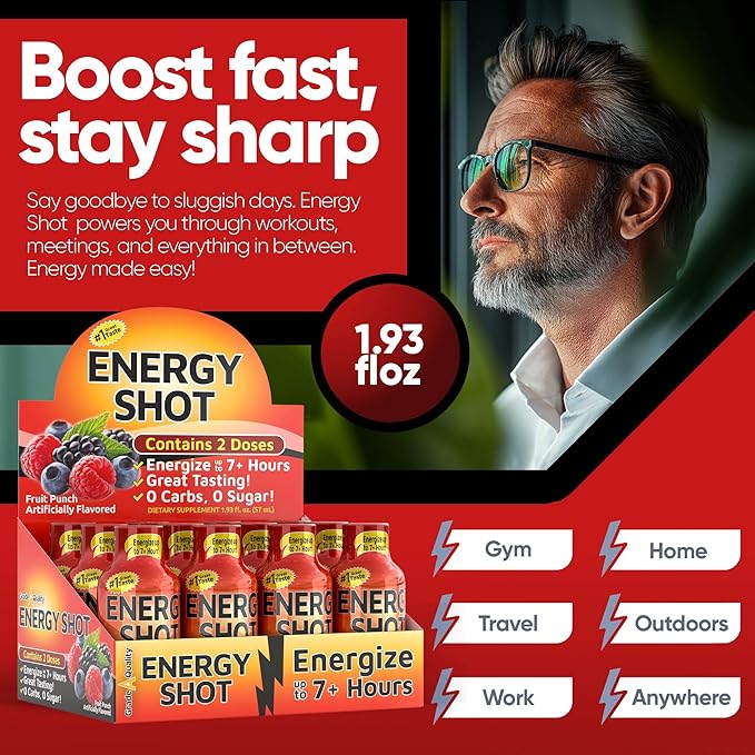 Fruit Punch Extra Strength Energy Shot 48 pk – 260mg Natural Caffeine B12 B6 – Energy & Focus Support – 2 Servings Sugar Free Zero Calorie Green Tea B-Vitamins Electrolytes Vegan – 1.93 fl oz