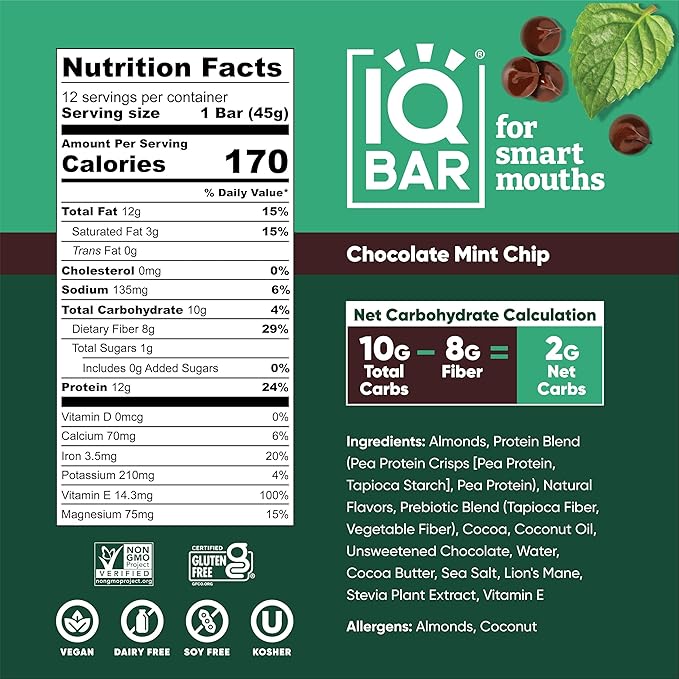 IQBAR Brain and Body Plant Protein Bars - Chocolate Mint Chip - 12-Count - Keto, Vegan, Low Carb, High Fiber, Gluten Free, Dairy Free, Low Sugar Snack with Nutrients for Focus, Energy, Meal Replacement